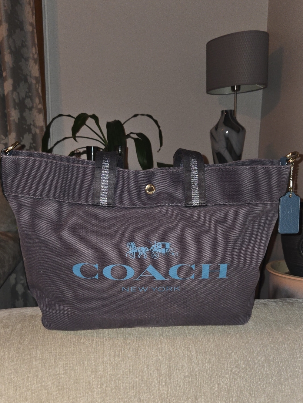 Coach Purple Denim Canvas Tote with Light Blue Logo